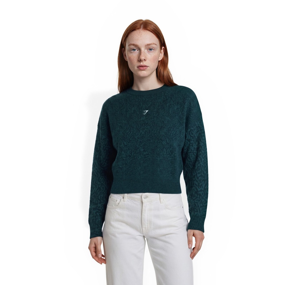 Gymshark Crewneck Sweater Top Women's Size Large Teal Green Jacquard Logo